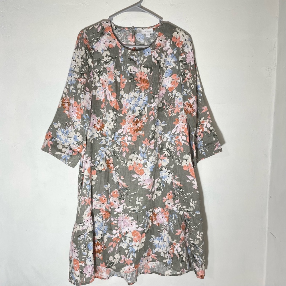 J. Jill Love Linen Fresh Bloom Caraway Green Sage Floral Dress S